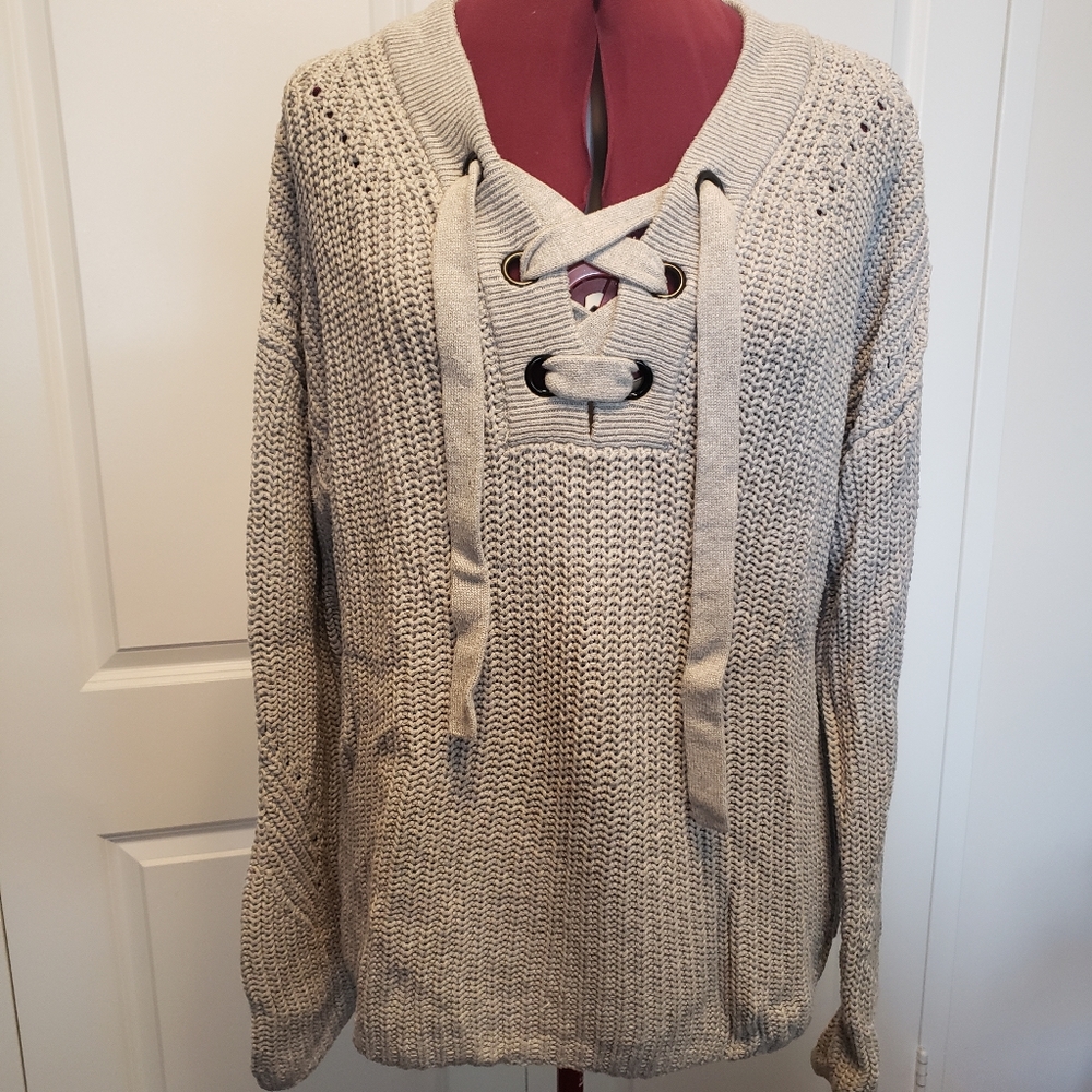 Grey Knit sweater with lace up front